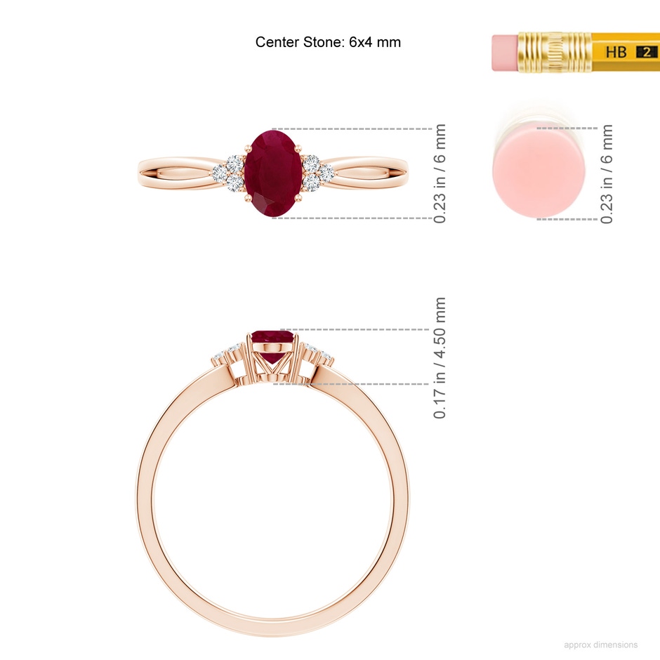 6x4mm A Solitaire Oval Ruby Split Shank Ring with Trio Diamonds in Rose Gold ruler