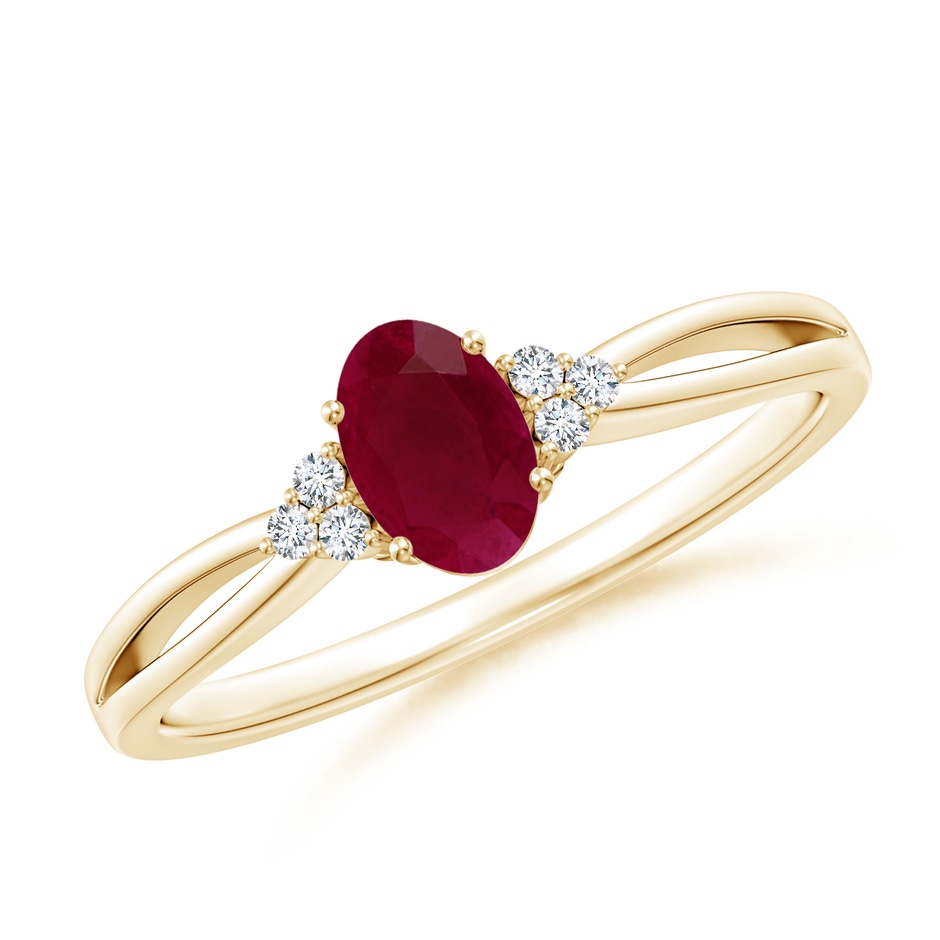 6x4mm A Solitaire Oval Ruby Split Shank Ring with Trio Diamonds in Yellow Gold 