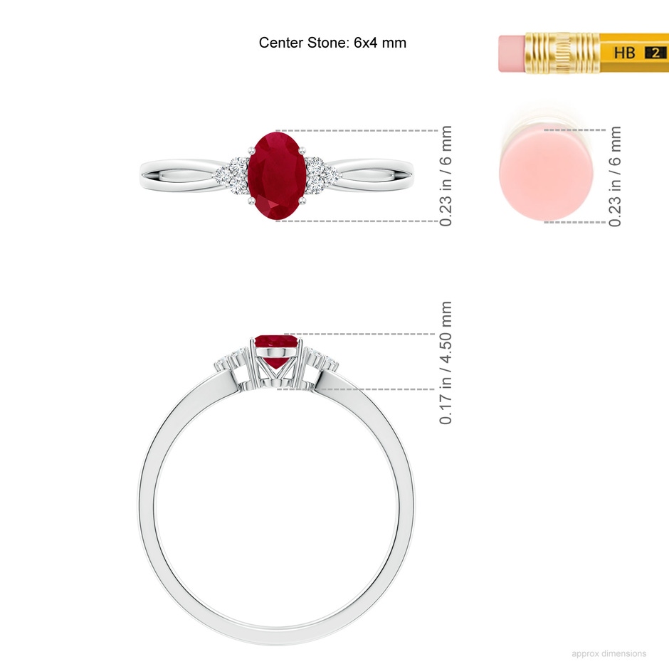6x4mm AA Solitaire Oval Ruby Split Shank Ring with Trio Diamonds in S999 Silver ruler