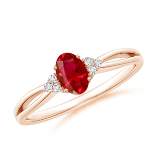 6x4mm AAA Solitaire Oval Ruby Split Shank Ring with Trio Diamonds in Rose Gold