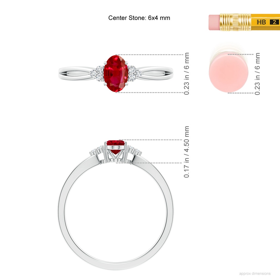 6x4mm AAA Solitaire Oval Ruby Split Shank Ring with Trio Diamonds in White Gold ruler