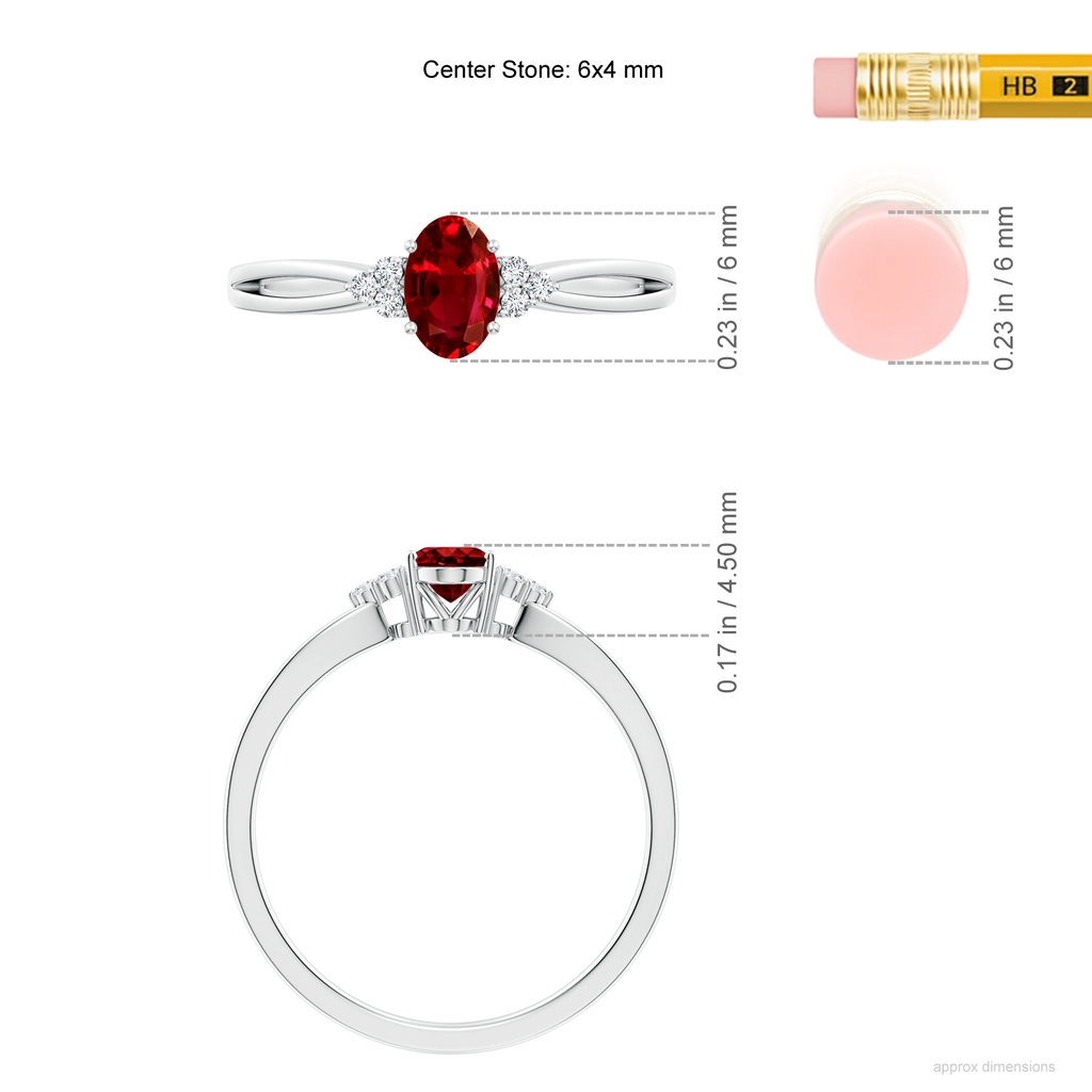 6x4mm AAAA Solitaire Oval Ruby Split Shank Ring with Trio Diamonds in P950 Platinum ruler
