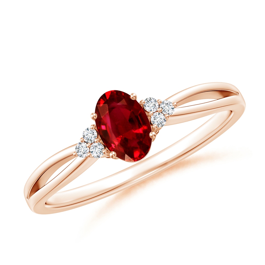 6x4mm AAAA Solitaire Oval Ruby Split Shank Ring with Trio Diamonds in Rose Gold