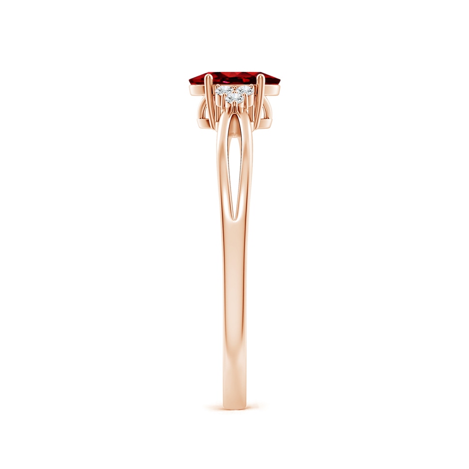 6x4mm AAAA Solitaire Oval Ruby Split Shank Ring with Trio Diamonds in Rose Gold side 299