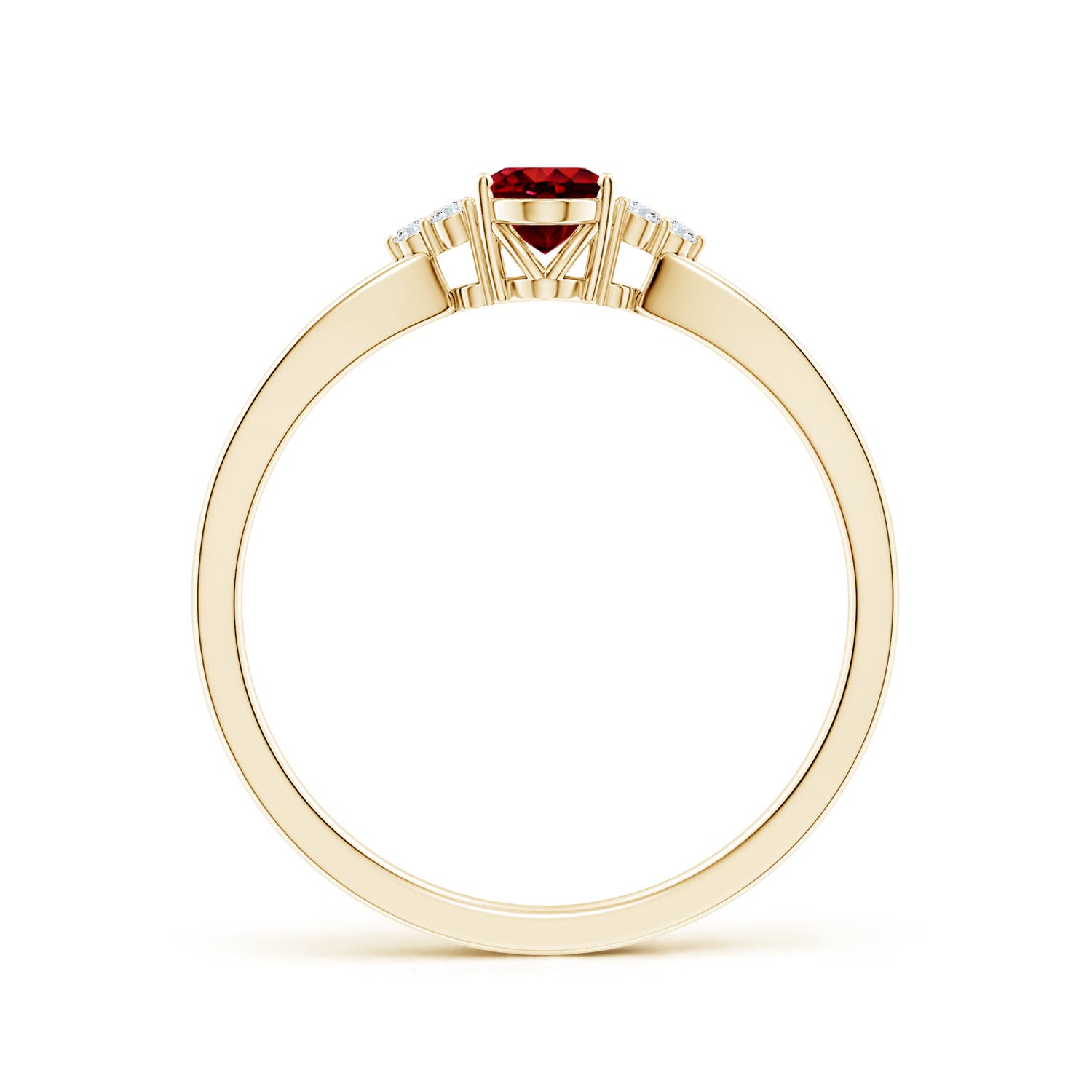 6x4mm AAAA Solitaire Oval Ruby Split Shank Ring with Trio Diamonds in Yellow Gold