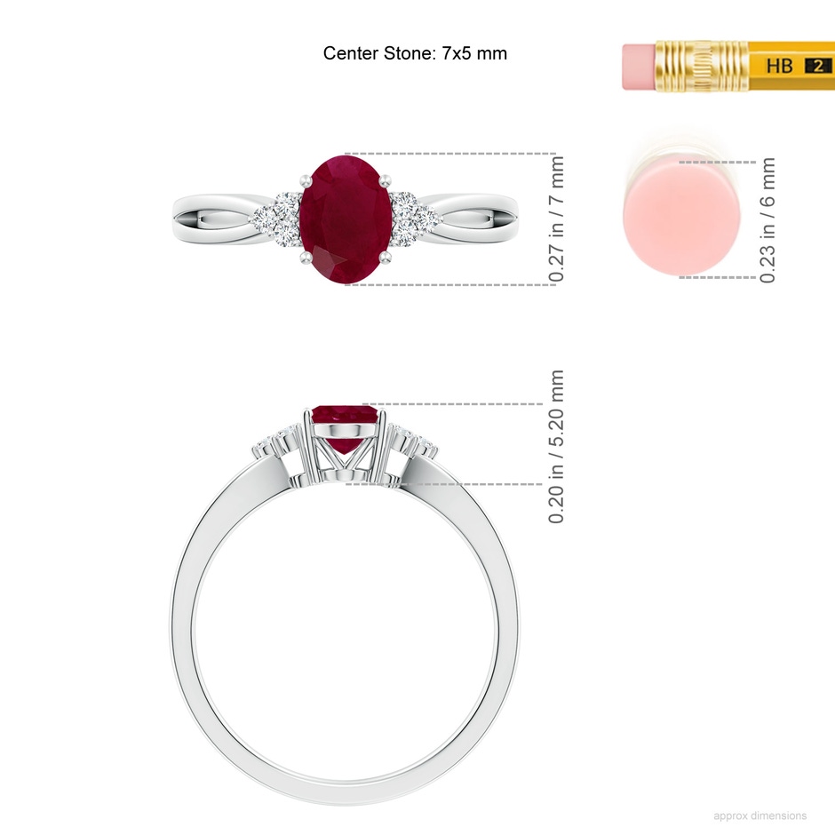 7x5mm A Solitaire Oval Ruby Split Shank Ring with Trio Diamonds in P950 Platinum ruler