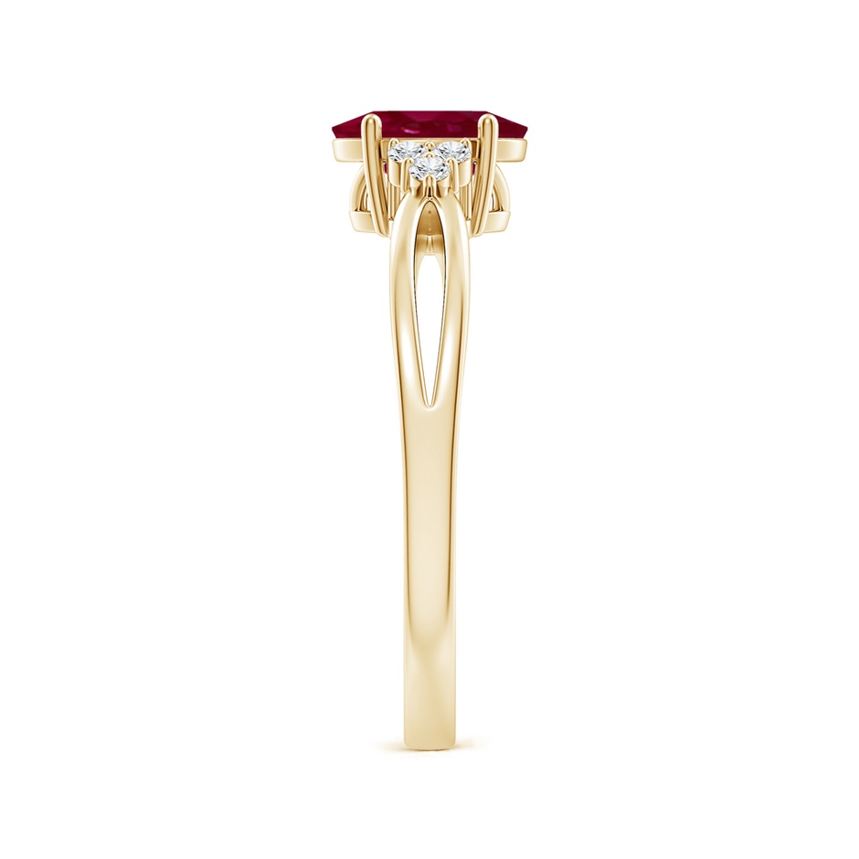 7x5mm A Solitaire Oval Ruby Split Shank Ring with Trio Diamonds in Yellow Gold side 299