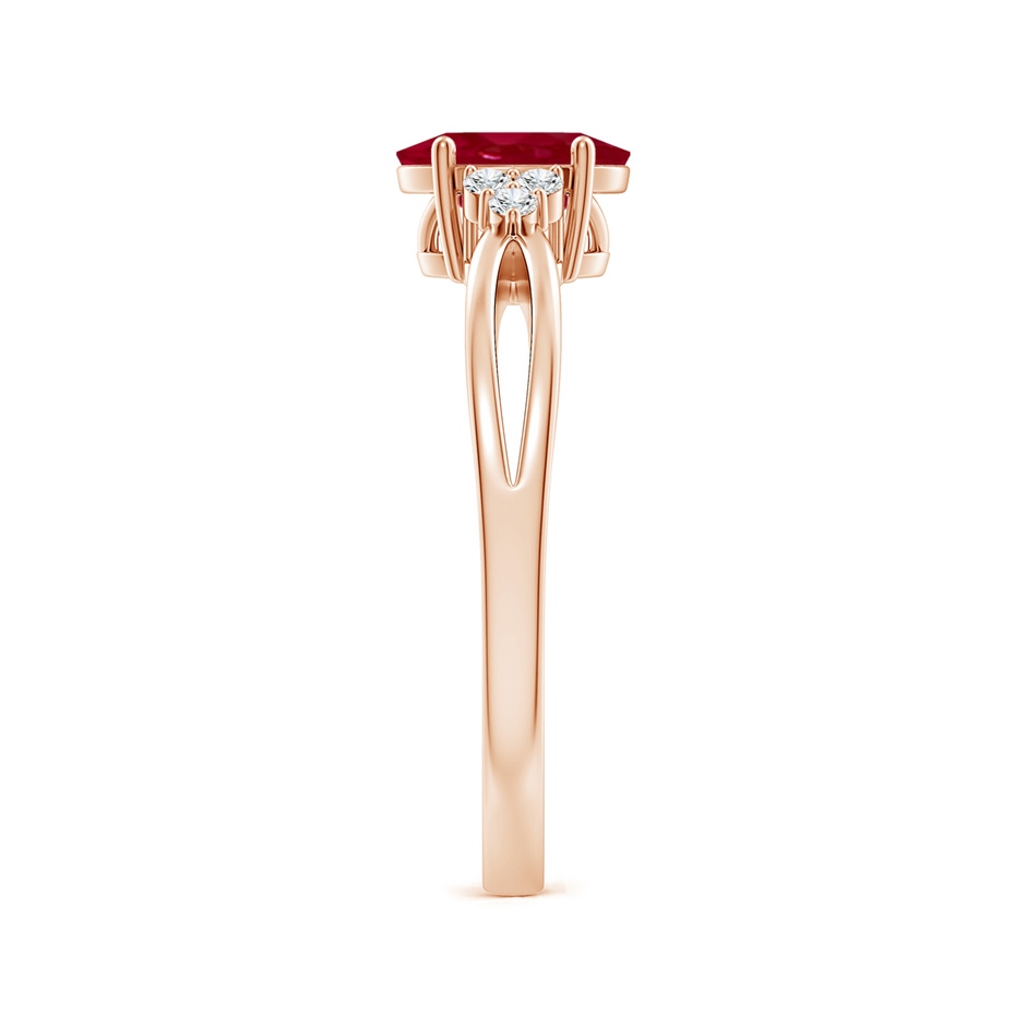 7x5mm AA Solitaire Oval Ruby Split Shank Ring with Trio Diamonds in Rose Gold side 299