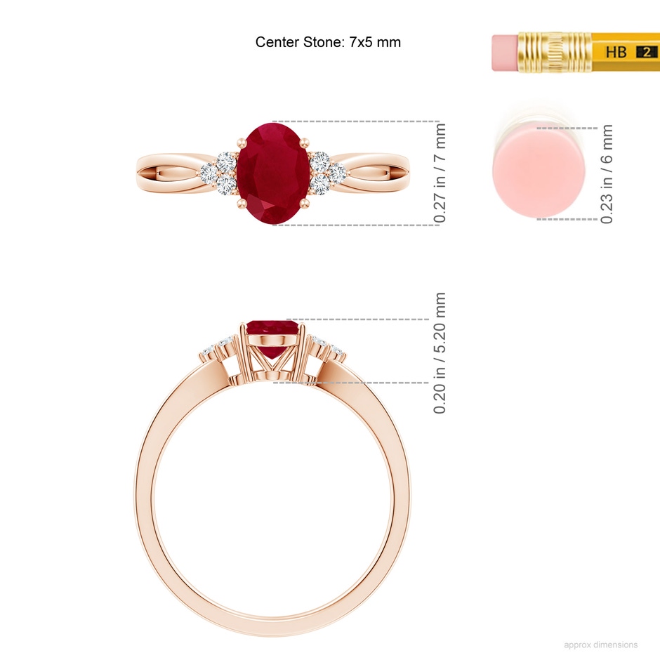 7x5mm AA Solitaire Oval Ruby Split Shank Ring with Trio Diamonds in Rose Gold ruler