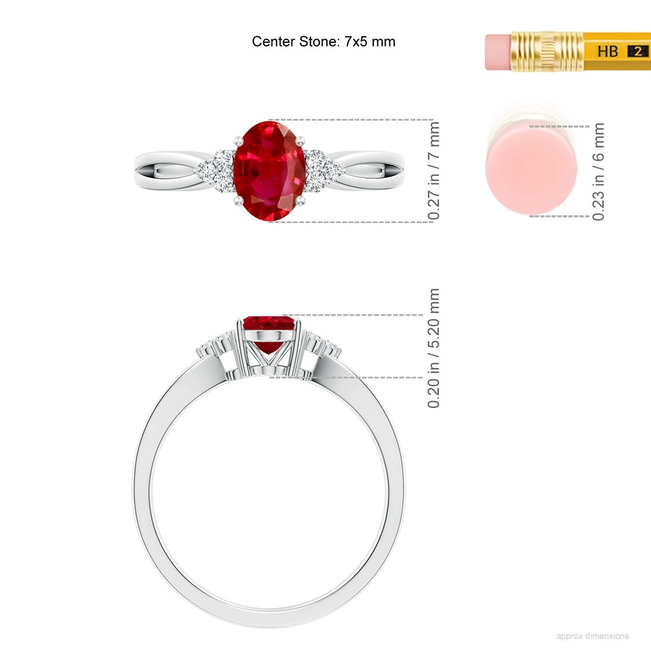 7x5mm AAA Solitaire Oval Ruby Split Shank Ring with Trio Diamonds in P950 Platinum ruler