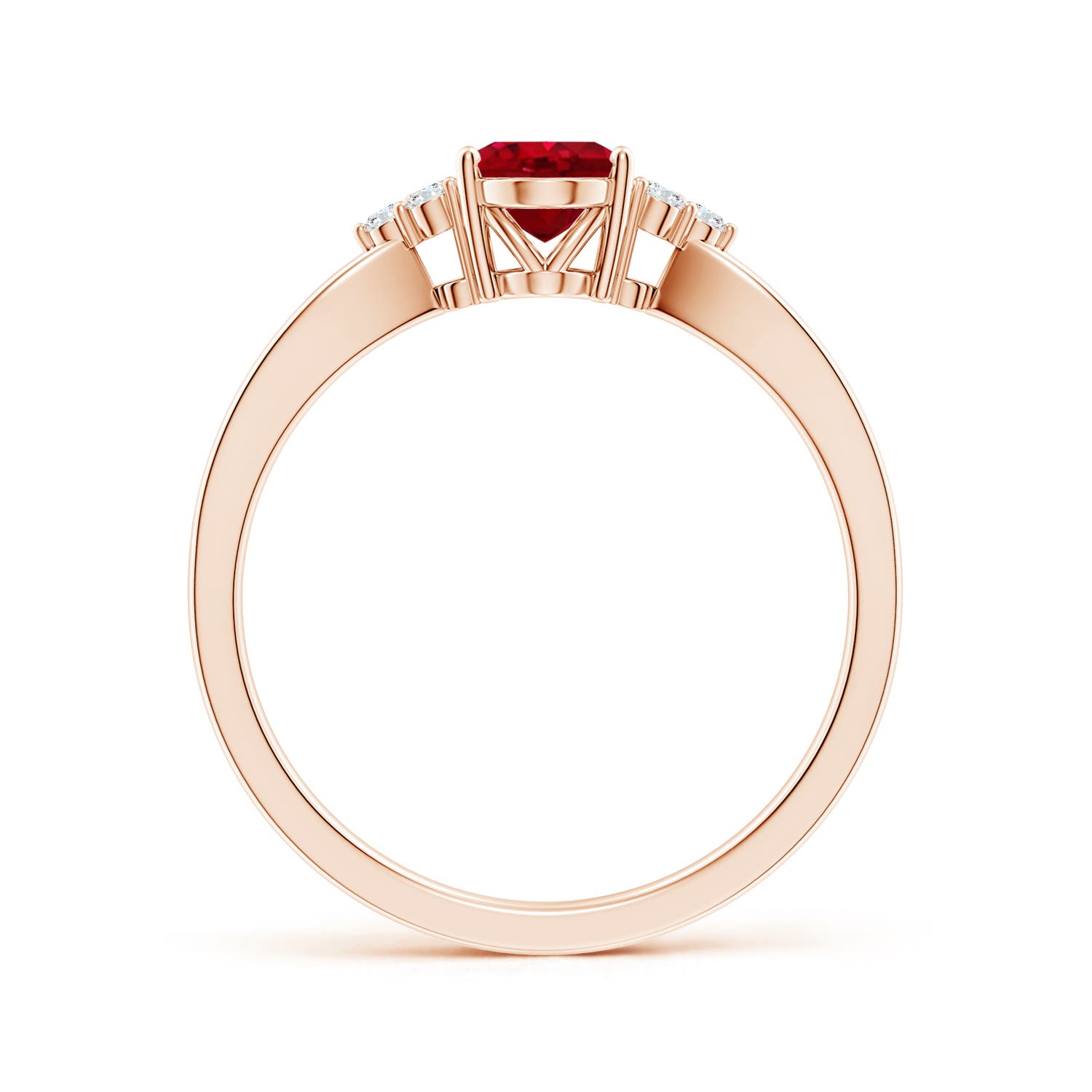 7x5mm AAA Solitaire Oval Ruby Split Shank Ring with Trio Diamonds in Rose Gold