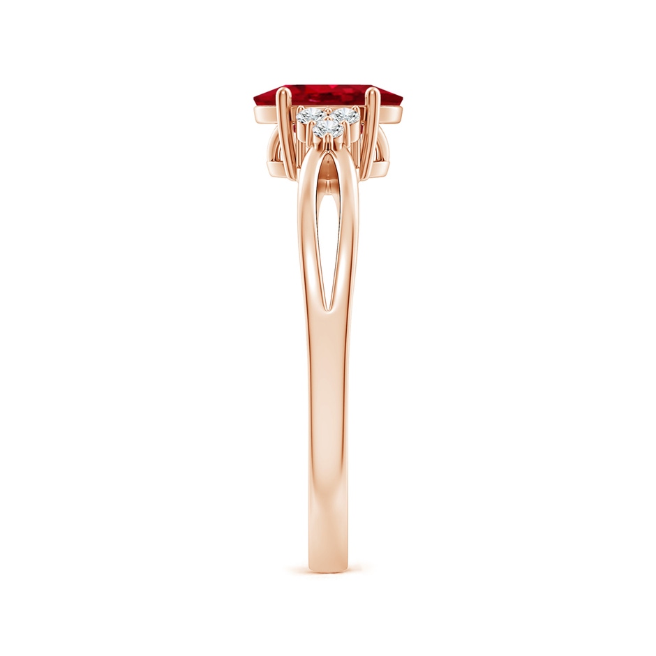 7x5mm AAA Solitaire Oval Ruby Split Shank Ring with Trio Diamonds in Rose Gold side 299