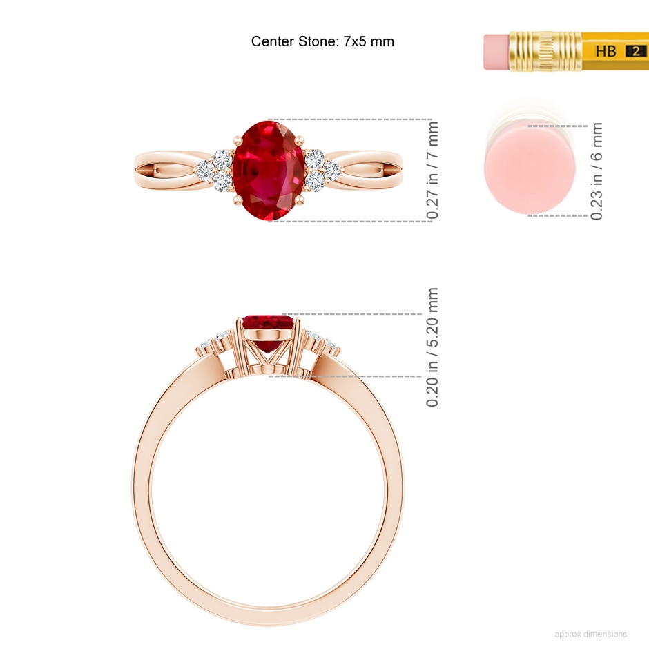 7x5mm AAA Solitaire Oval Ruby Split Shank Ring with Trio Diamonds in Rose Gold ruler