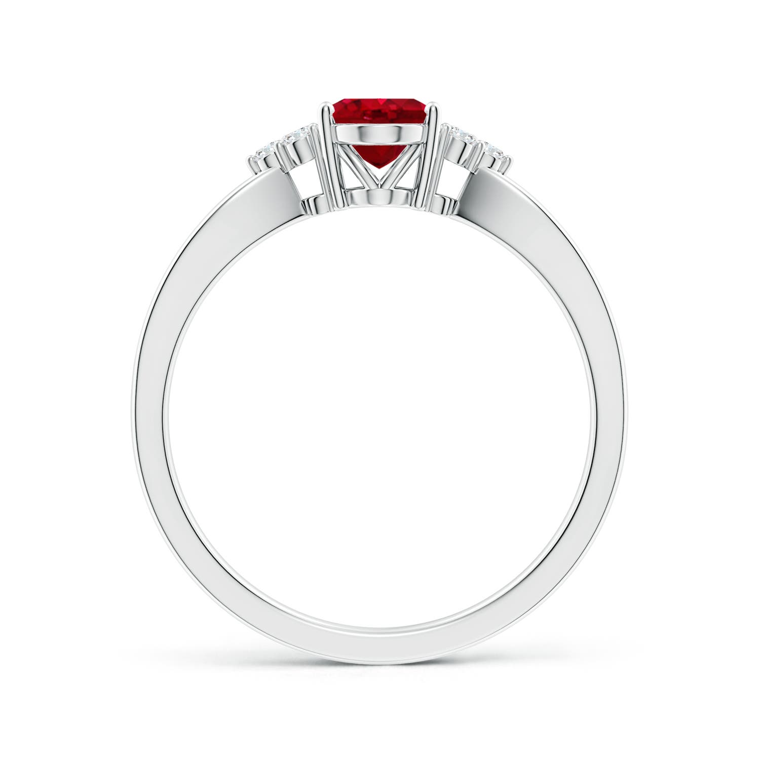 7x5mm AAA Solitaire Oval Ruby Split Shank Ring with Trio Diamonds in White Gold
