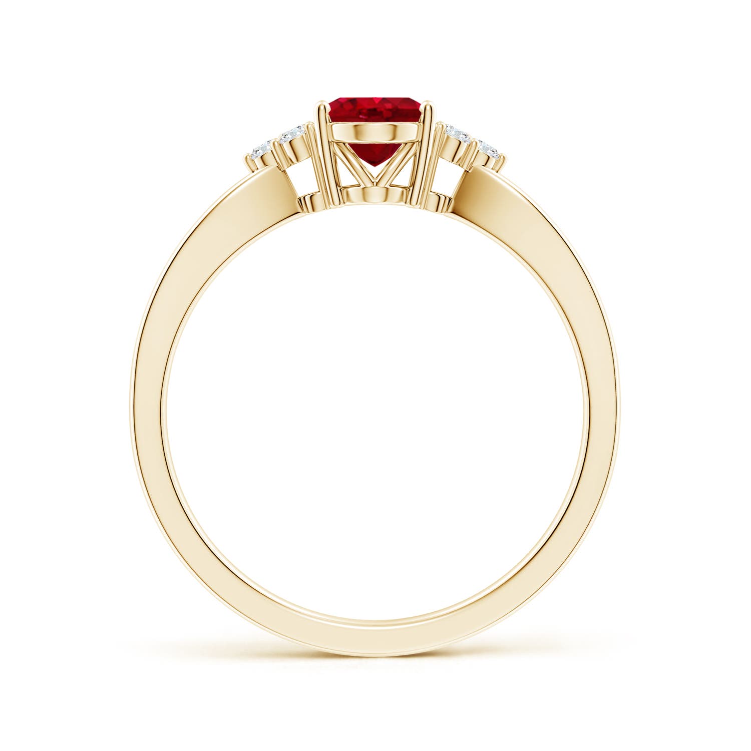 7x5mm AAA Solitaire Oval Ruby Split Shank Ring with Trio Diamonds in Yellow Gold