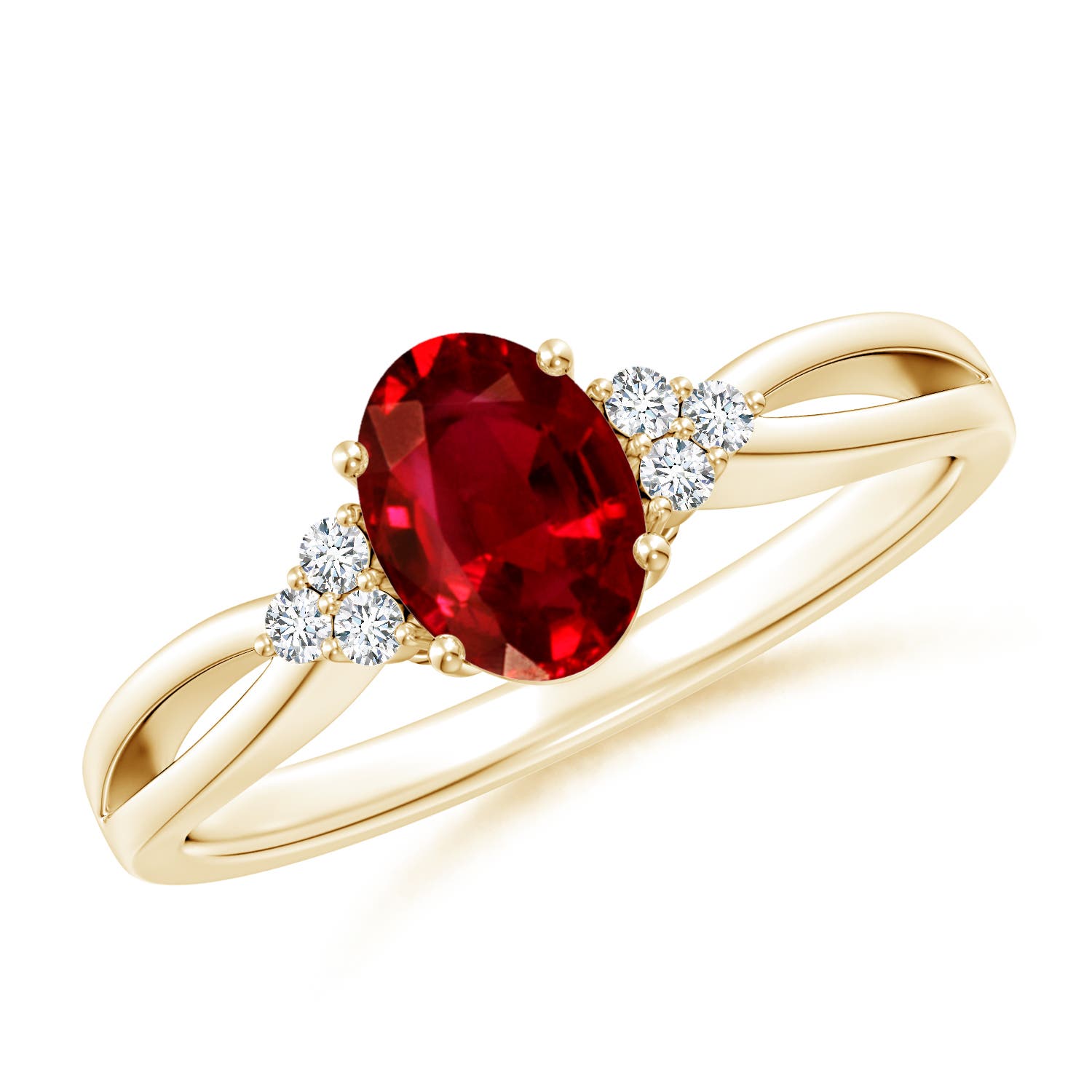 7x5mm AAAA Solitaire Oval Ruby Split Shank Ring with Trio Diamonds in 18K Yellow Gold