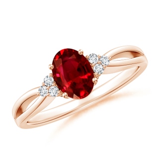 7x5mm AAAA Solitaire Oval Ruby Split Shank Ring with Trio Diamonds in Rose Gold