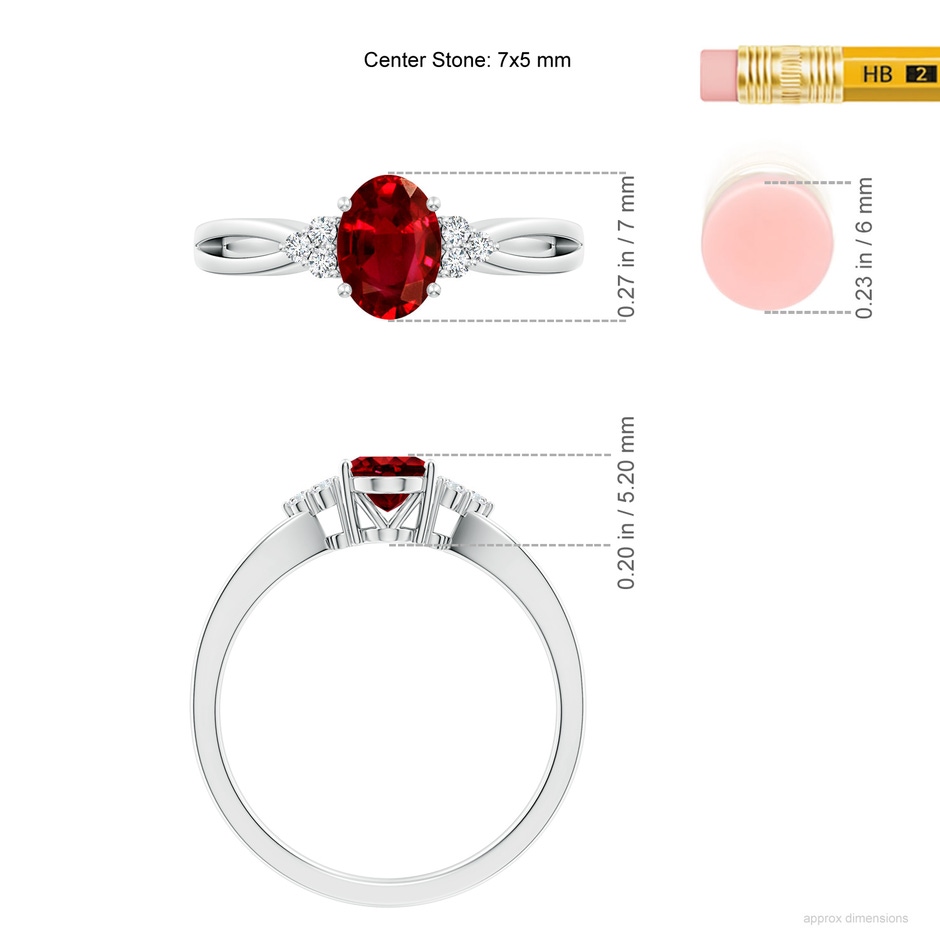 7x5mm AAAA Solitaire Oval Ruby Split Shank Ring with Trio Diamonds in White Gold ruler