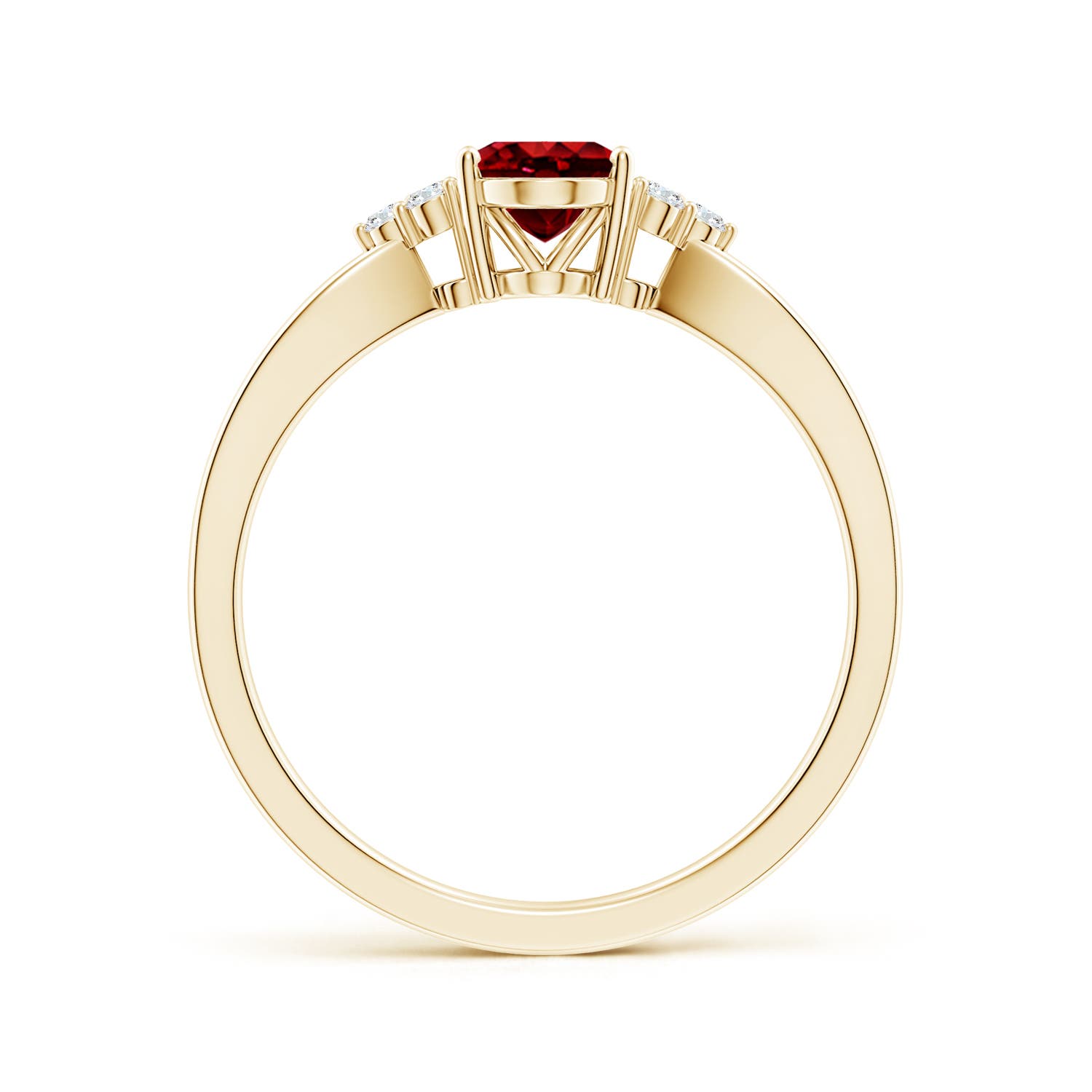 7x5mm AAAA Solitaire Oval Ruby Split Shank Ring with Trio Diamonds in Yellow Gold