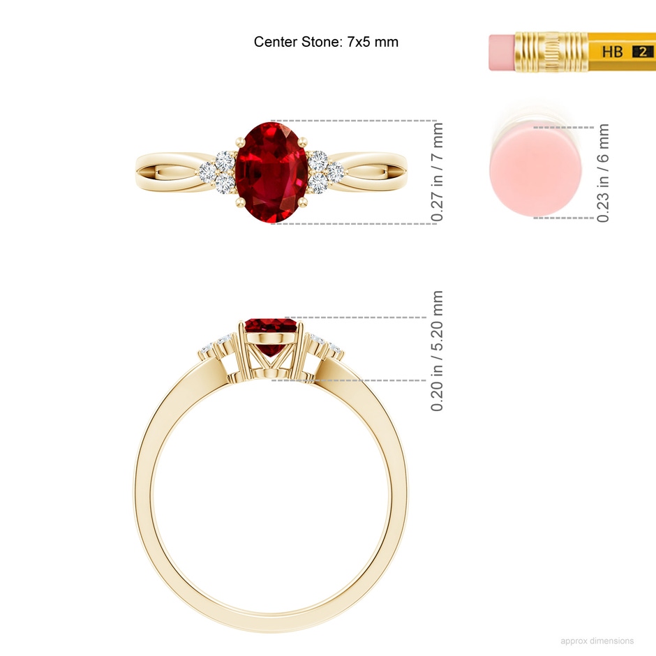 7x5mm AAAA Solitaire Oval Ruby Split Shank Ring with Trio Diamonds in Yellow Gold ruler