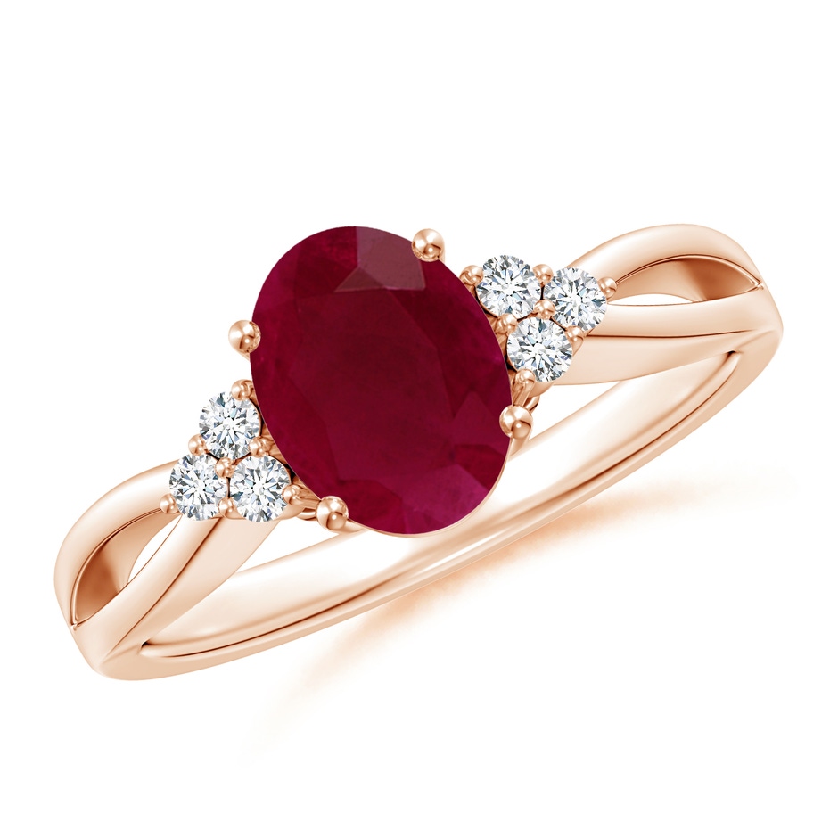 8x6mm A Solitaire Oval Ruby Split Shank Ring with Trio Diamonds in Rose Gold 