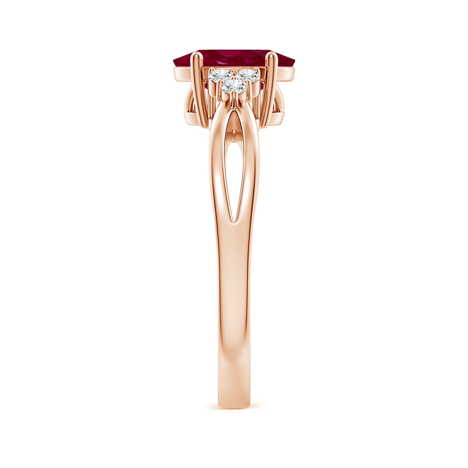 8x6mm A Solitaire Oval Ruby Split Shank Ring with Trio Diamonds in Rose Gold side 299