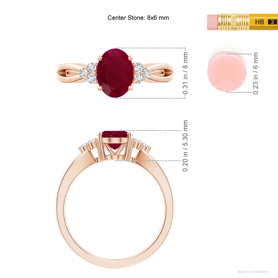 8x6mm A Solitaire Oval Ruby Split Shank Ring with Trio Diamonds in Rose Gold ruler