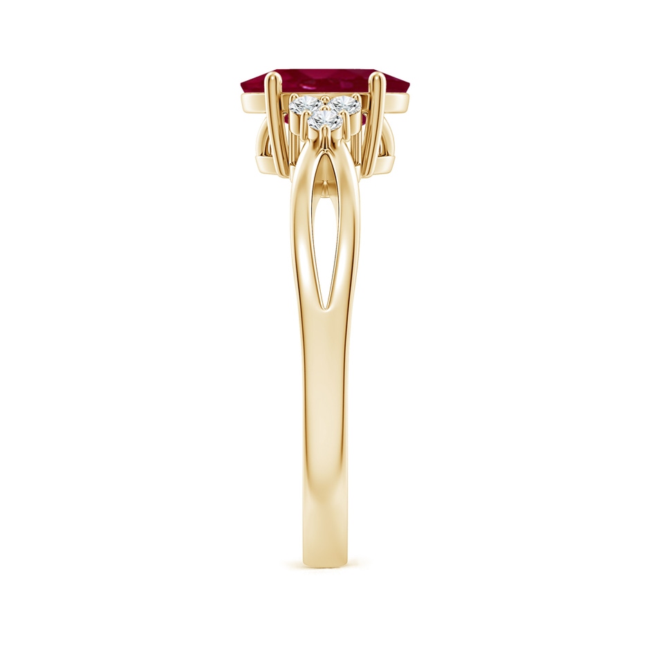 8x6mm A Solitaire Oval Ruby Split Shank Ring with Trio Diamonds in Yellow Gold side 299