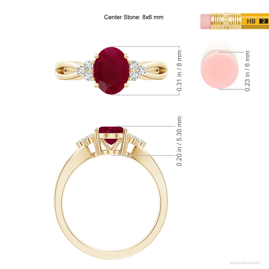 8x6mm A Solitaire Oval Ruby Split Shank Ring with Trio Diamonds in Yellow Gold ruler
