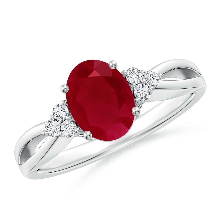 8x6mm AA Solitaire Oval Ruby Split Shank Ring with Trio Diamonds in P950 Platinum 