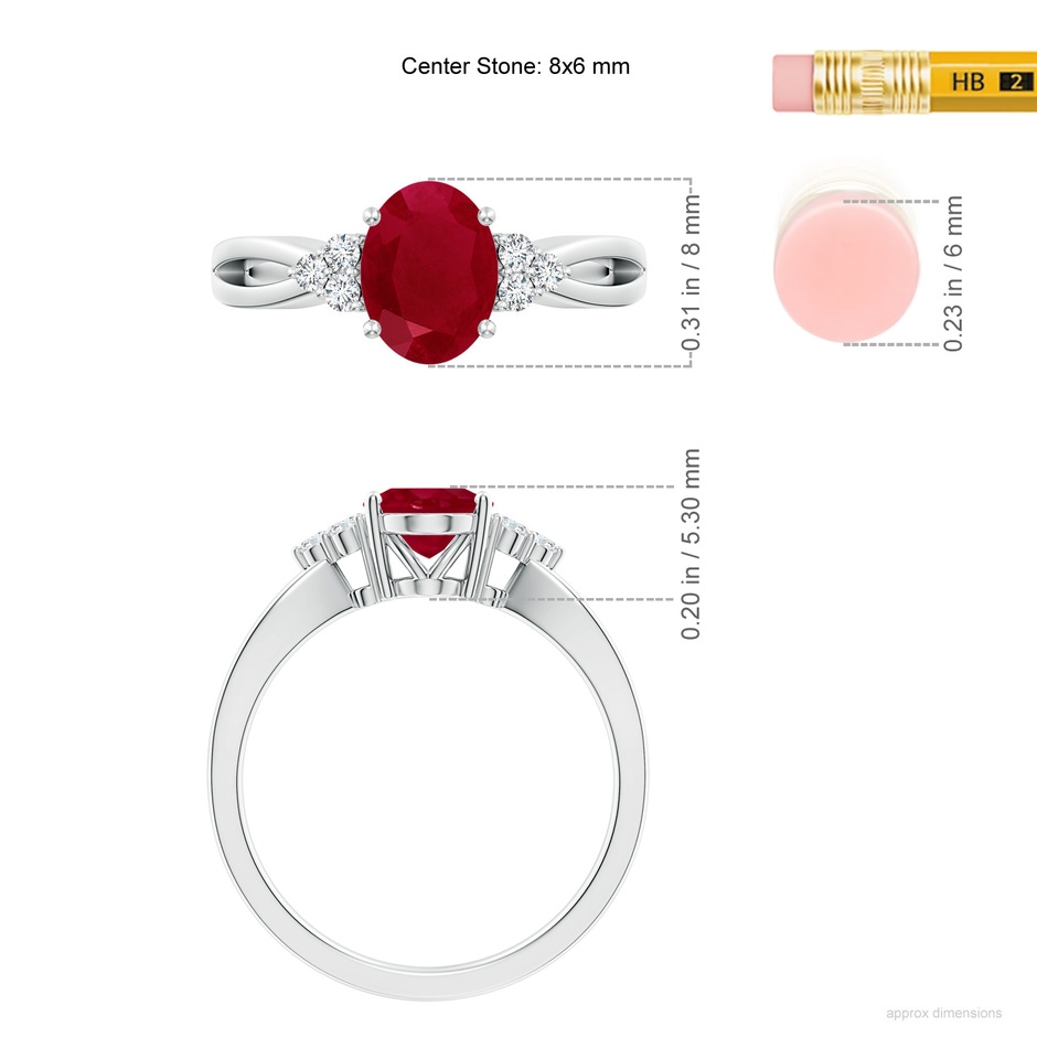 8x6mm AA Solitaire Oval Ruby Split Shank Ring with Trio Diamonds in P950 Platinum ruler
