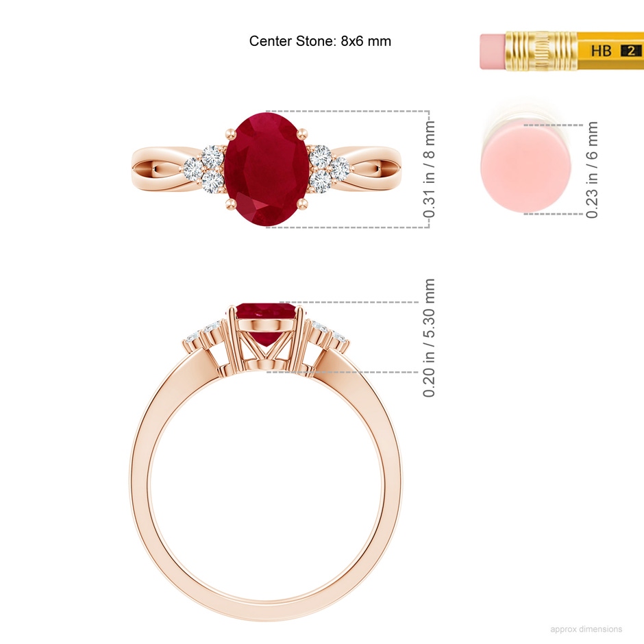 8x6mm AA Solitaire Oval Ruby Split Shank Ring with Trio Diamonds in Rose Gold ruler