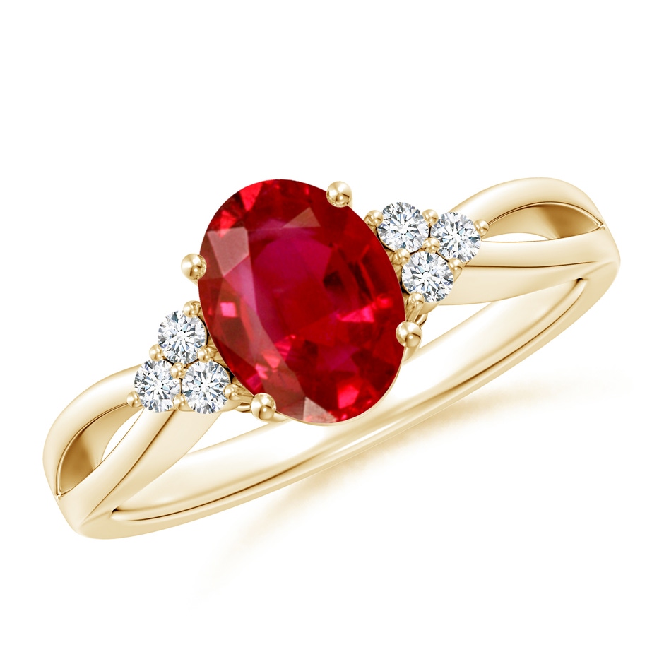 8x6mm AAA Solitaire Oval Ruby Split Shank Ring with Trio Diamonds in Yellow Gold 