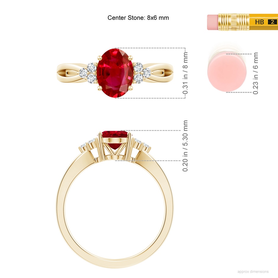8x6mm AAA Solitaire Oval Ruby Split Shank Ring with Trio Diamonds in Yellow Gold ruler