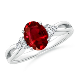 8x6mm AAAA Solitaire Oval Ruby Split Shank Ring with Trio Diamonds in 18K White Gold