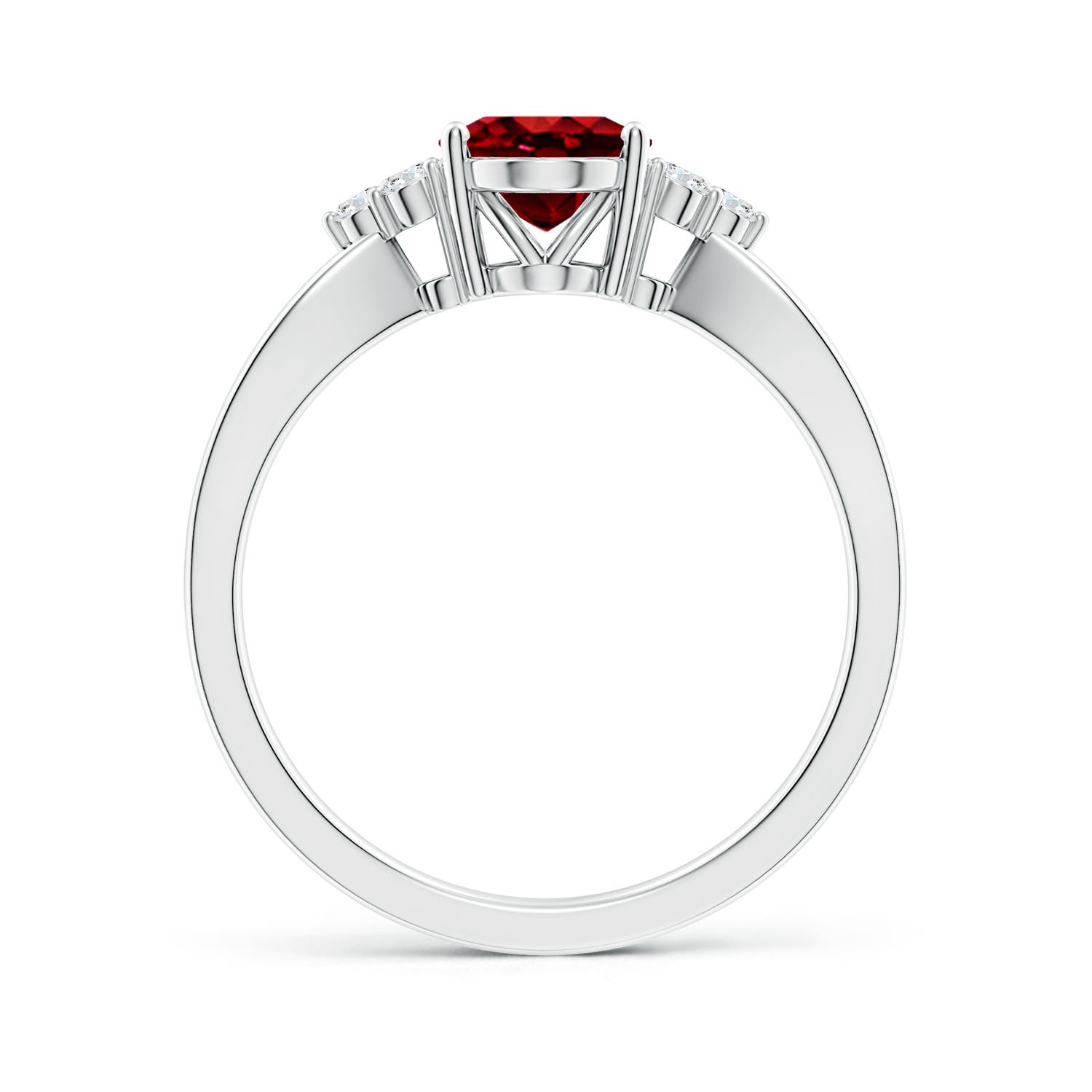 8x6mm AAAA Solitaire Oval Ruby Split Shank Ring with Trio Diamonds in 18CT White Gold - side 2