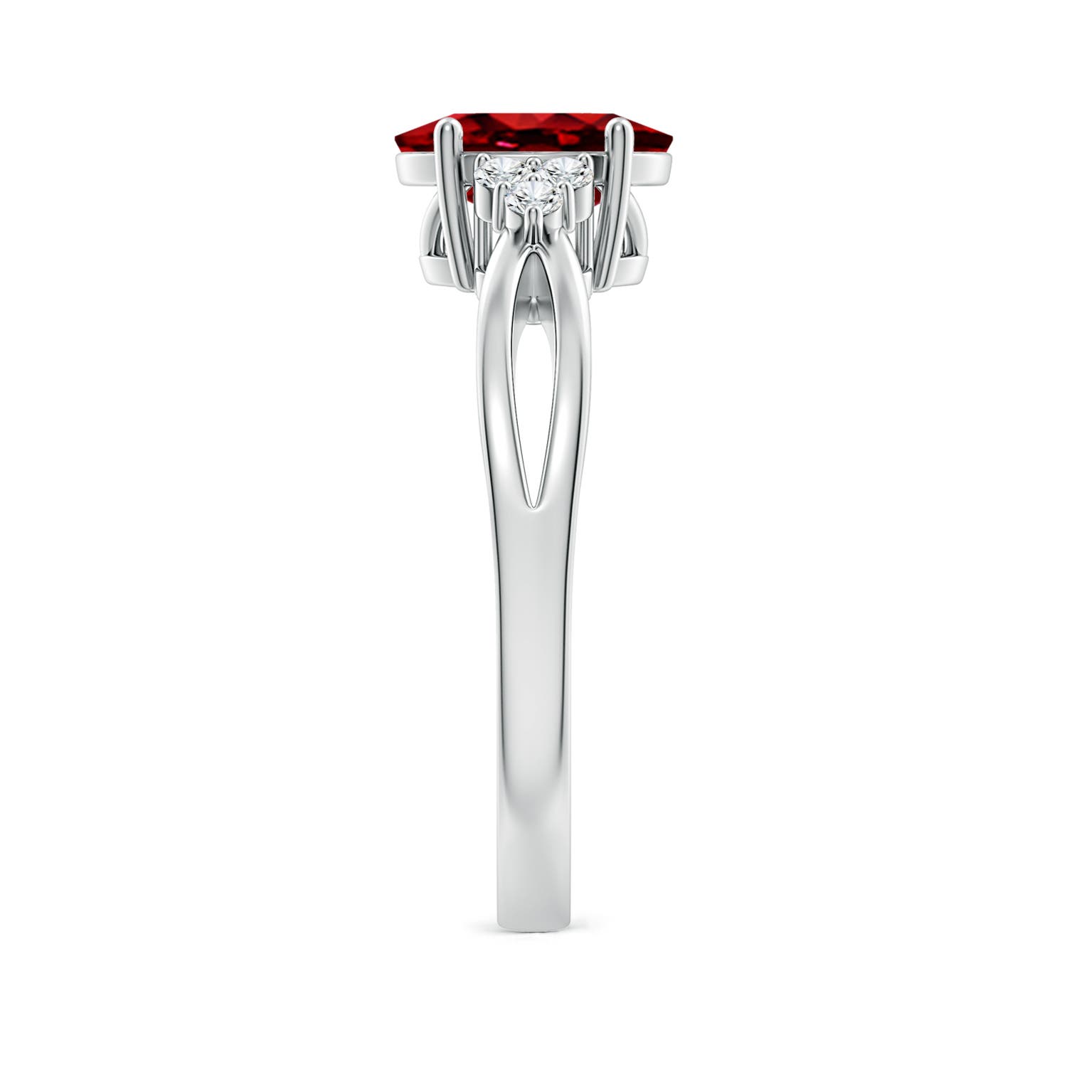 8x6mm AAAA Solitaire Oval Ruby Split Shank Ring with Trio Diamonds in 18CT White Gold - side 3