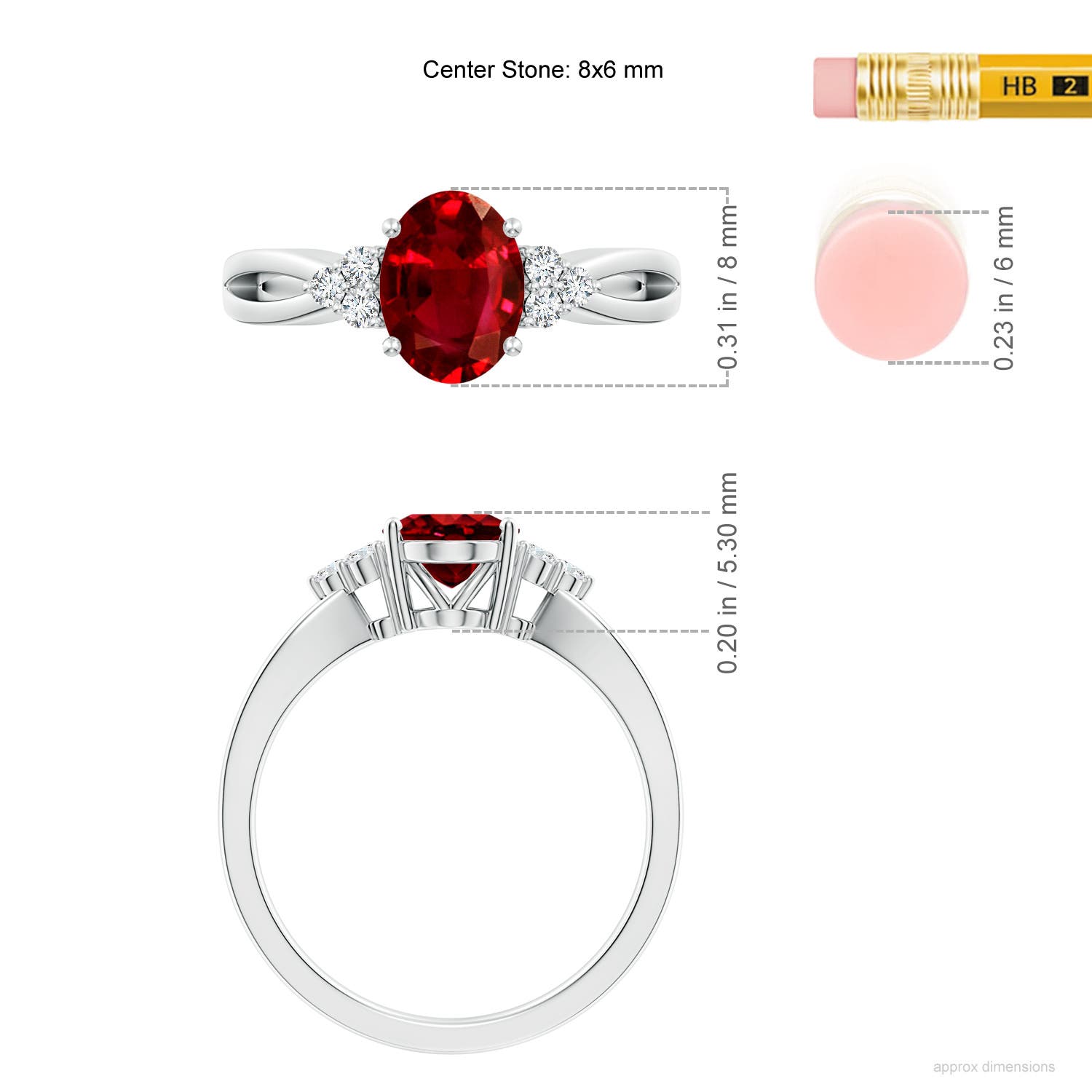 8x6mm AAAA Solitaire Oval Ruby Split Shank Ring with Trio Diamonds in 18CT White Gold - ruler