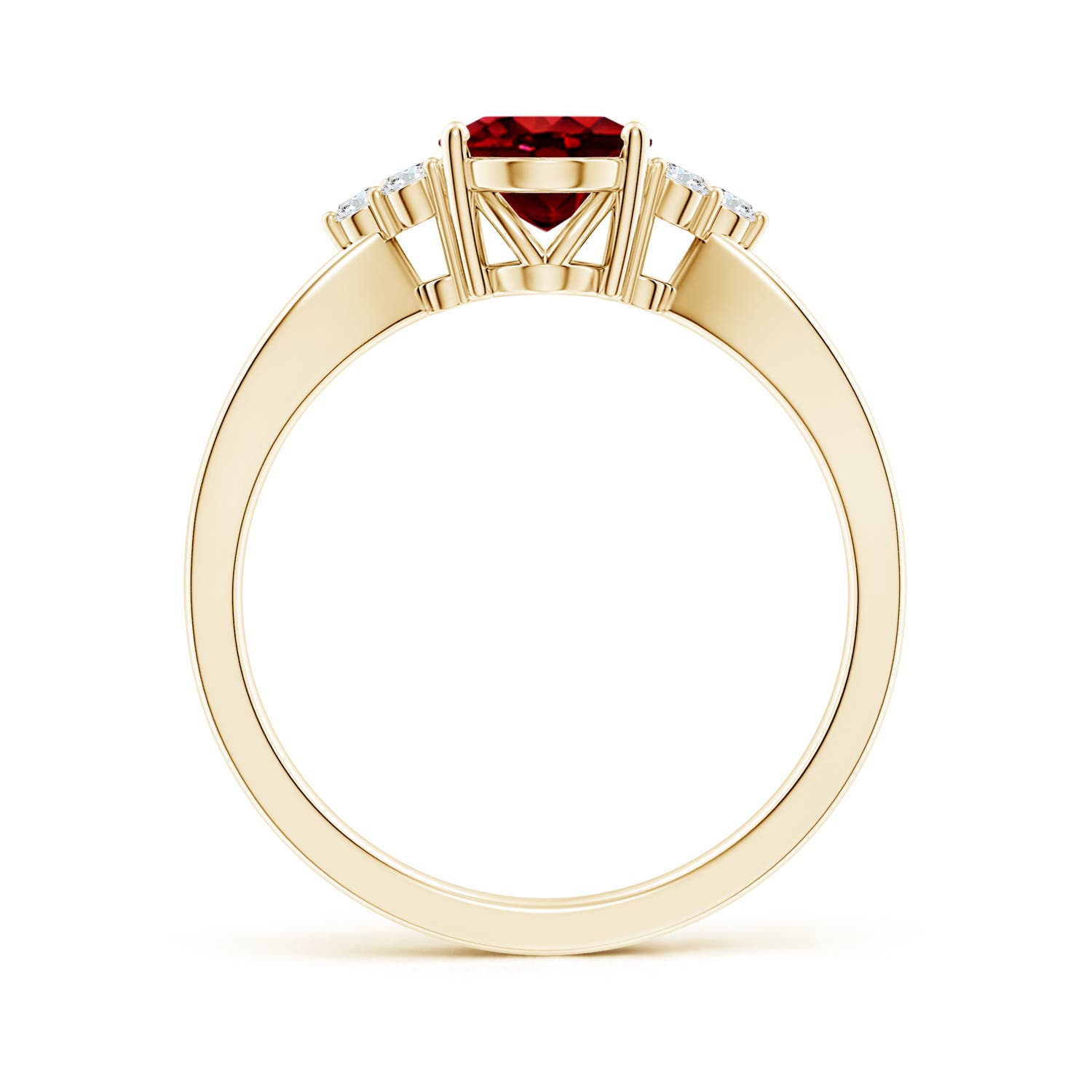 8x6mm AAAA Solitaire Oval Ruby Split Shank Ring with Trio Diamonds in 18K Yellow Gold - side 2