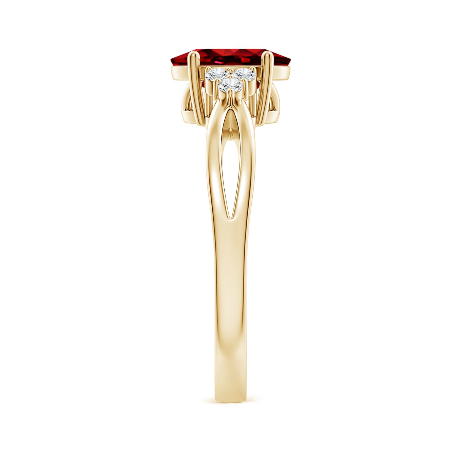 8x6mm AAAA Solitaire Oval Ruby Split Shank Ring with Trio Diamonds in 18K Yellow Gold - side 3