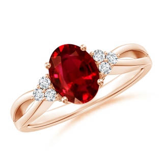 8x6mm AAAA Solitaire Oval Ruby Split Shank Ring with Trio Diamonds in Rose Gold