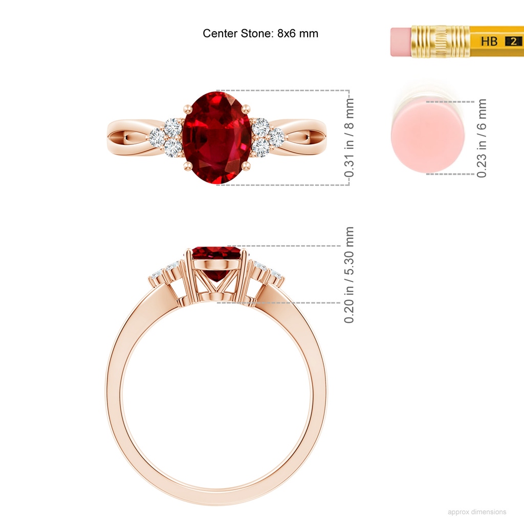 8x6mm AAAA Solitaire Oval Ruby Split Shank Ring with Trio Diamonds in Rose Gold ruler