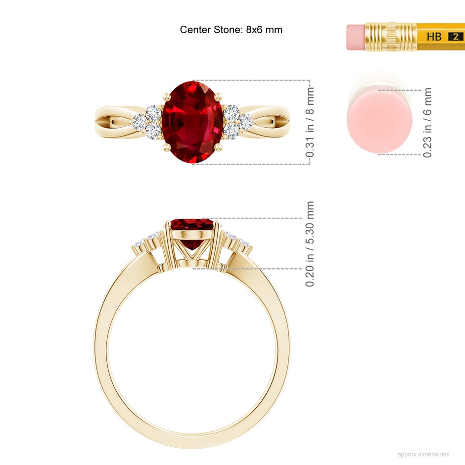 8x6mm AAAA Solitaire Oval Ruby Split Shank Ring with Trio Diamonds in Yellow Gold ruler