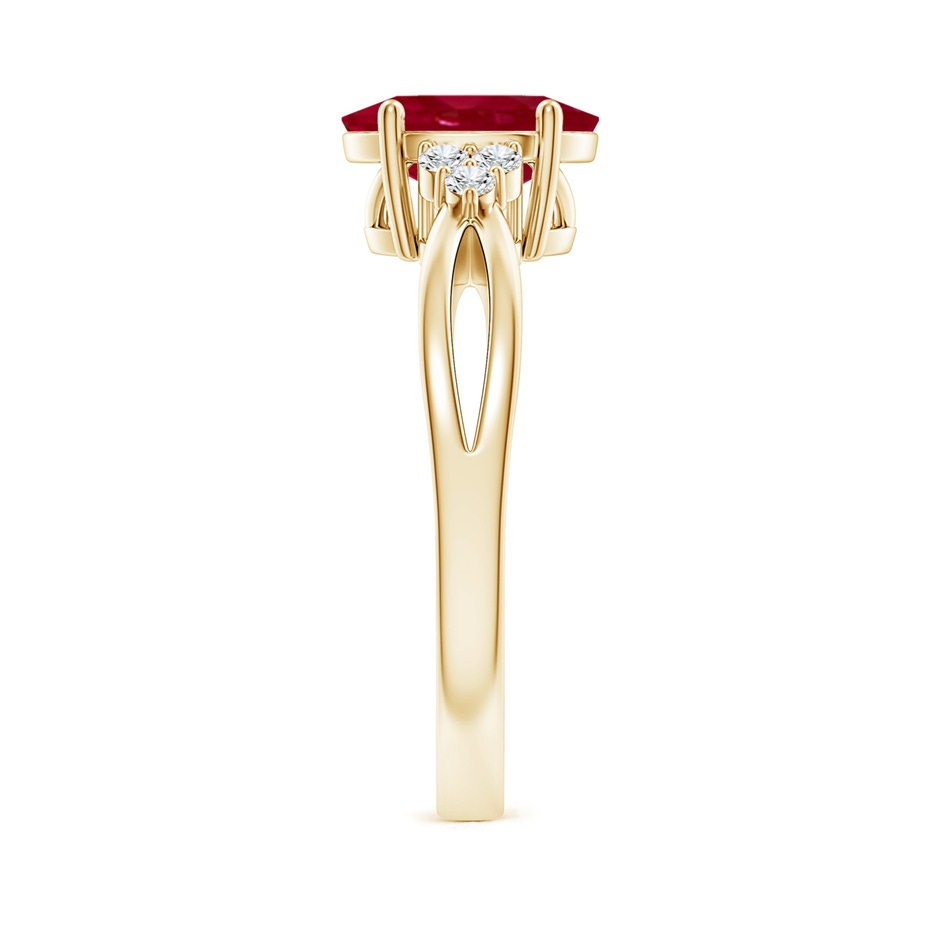 9x7mm AA Solitaire Oval Ruby Split Shank Ring with Trio Diamonds in Yellow Gold side 299