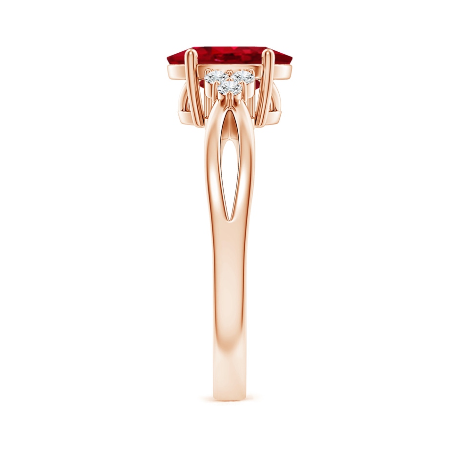 9x7mm AAA Solitaire Oval Ruby Split Shank Ring with Trio Diamonds in Rose Gold side 299
