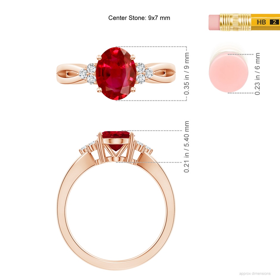 9x7mm AAA Solitaire Oval Ruby Split Shank Ring with Trio Diamonds in Rose Gold ruler