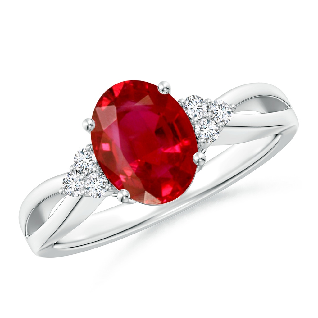 9x7mm AAA Solitaire Oval Ruby Split Shank Ring with Trio Diamonds in White Gold 