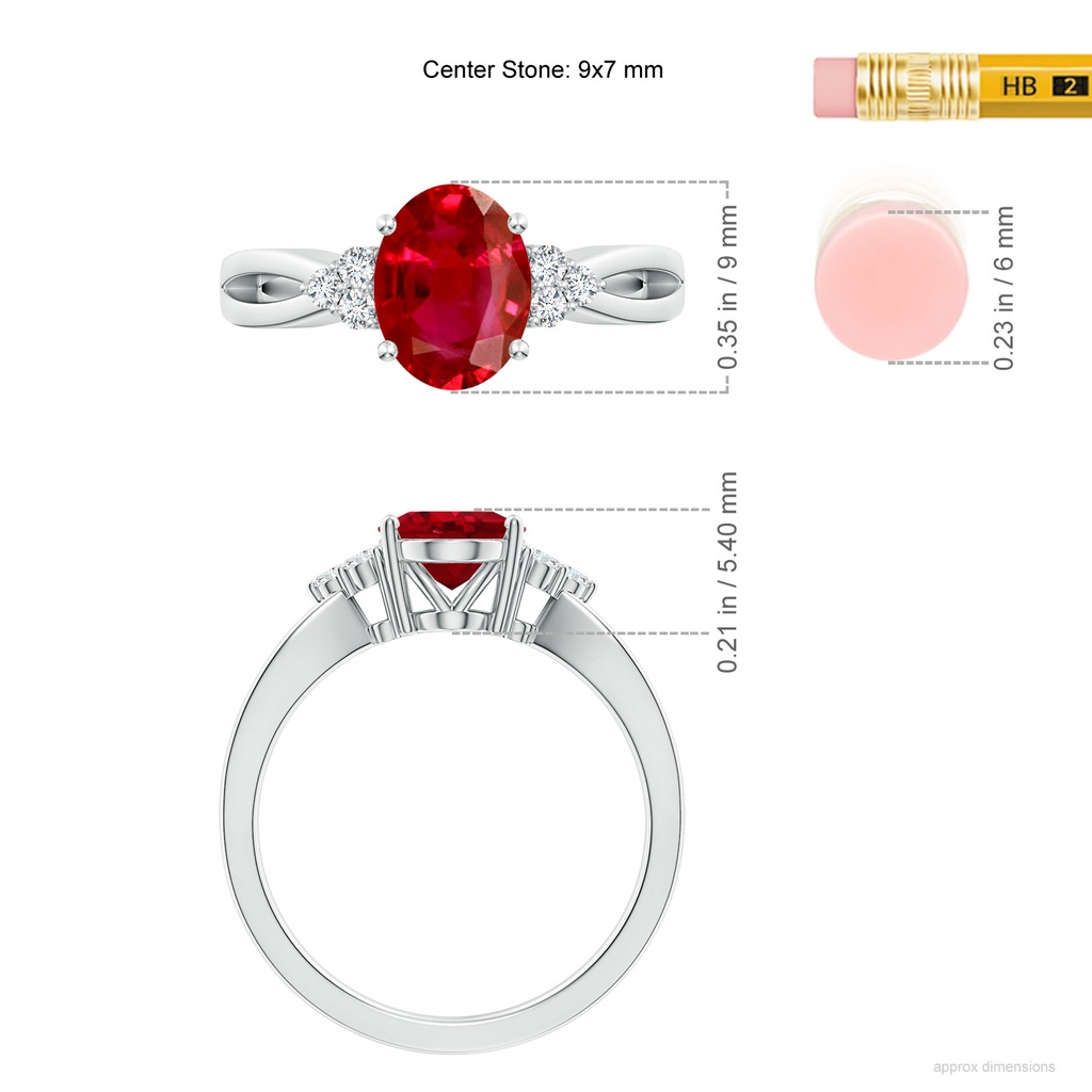 9x7mm AAA Solitaire Oval Ruby Split Shank Ring with Trio Diamonds in White Gold ruler