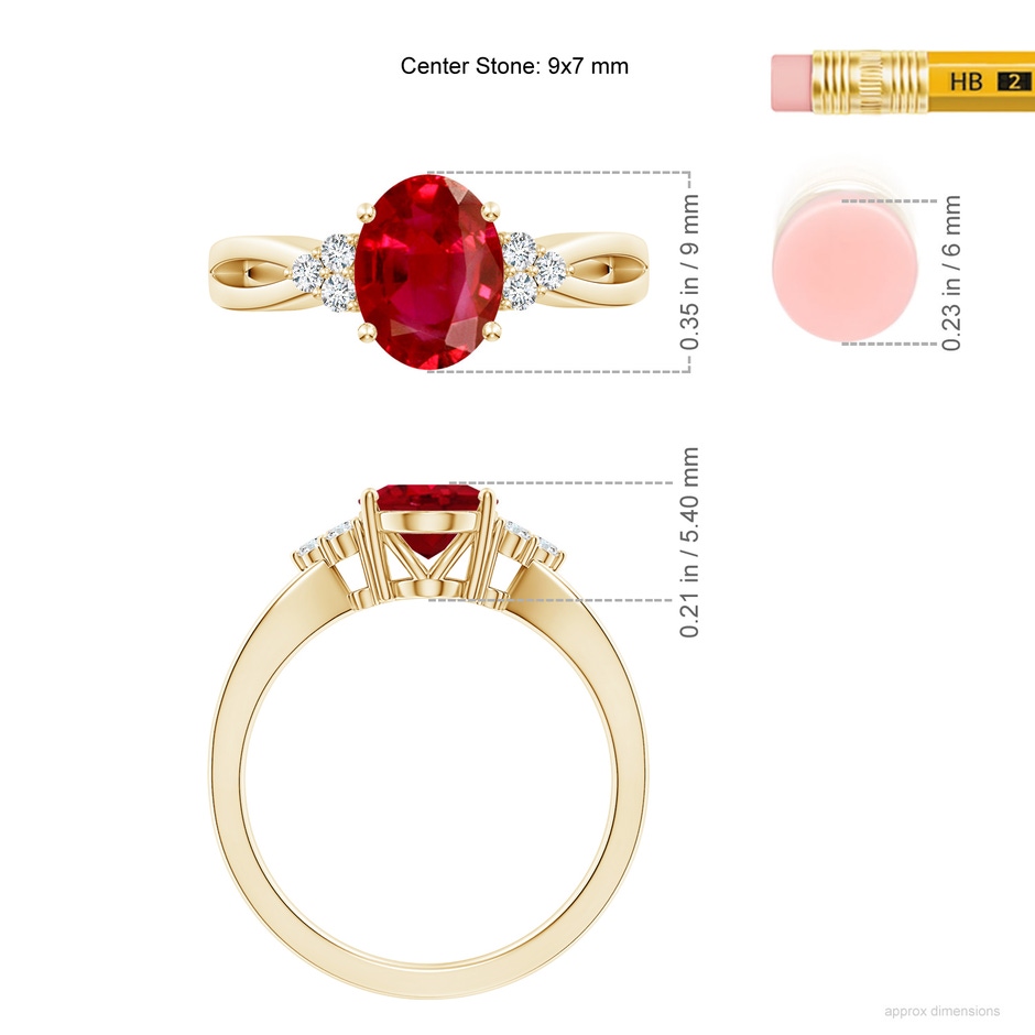9x7mm AAA Solitaire Oval Ruby Split Shank Ring with Trio Diamonds in Yellow Gold ruler
