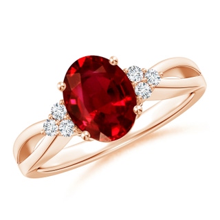 9x7mm AAAA Solitaire Oval Ruby Split Shank Ring with Trio Diamonds in Rose Gold